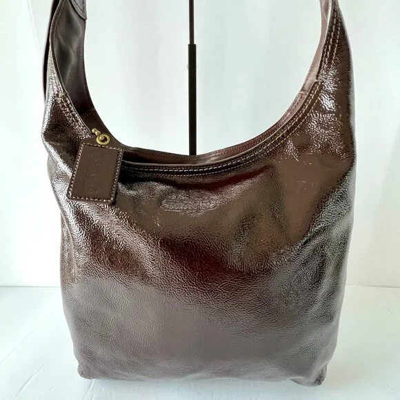 Coach Brown Patent Leather Crinkle Texture Hobo & Crossbody Bag, C0873-12387 EUC - Picture 5 of 16